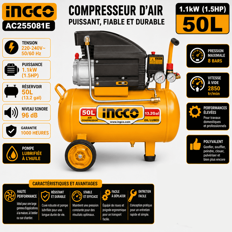 COMPRESSEUR D'AIR INGCO 50L AC255081E